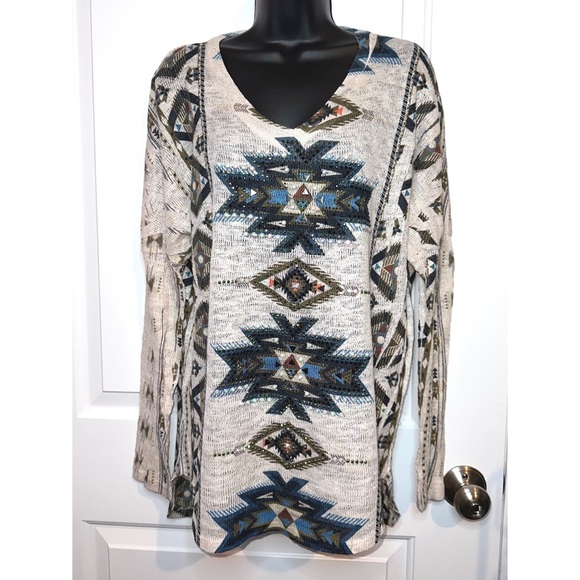 Vocal Sweaters - Vocal multi colored Aztec print light weight rhinestone embellished sweater